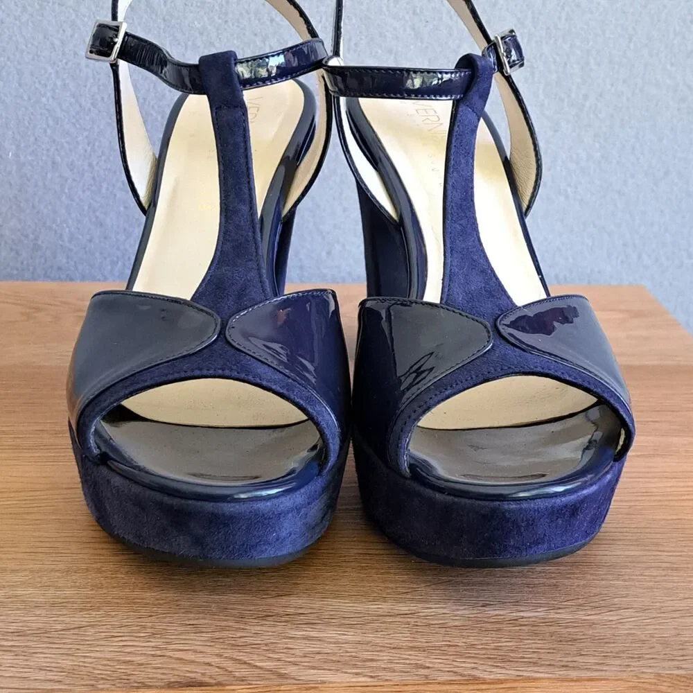 Vernissage Blue Suede Sandals Leather Slingback Heels Womens 9 US 39 EU T-Strap